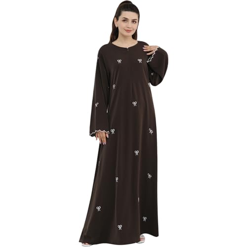 Abaya Dress for Muslim Women Bow Front Zipper Side Pockets Ramadan Eid Robe - color: Coffee, size: Medium