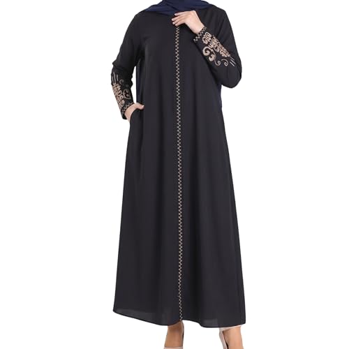 Women's Embroidered Sleeves Abaya and Embroidered On The Side of The Zipper Long Sleeve Floor Length Turkish Fashion - color: Navy Blue, size: Large