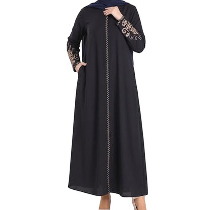 Women's Embroidered Sleeves Abaya and Embroidered On The Side of The Zipper Long Sleeve Floor Length Turkish Fashion - color: Navy Blue, size: Large