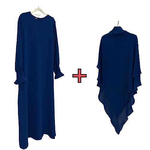 Women Prayer Dress Muslim Ramadan Garment Abaya Dubai Islam Jilbeb 2 Piece Set Layered Khimar Scarf Hijab and Long Dress - color: Dark Blue, size: Large