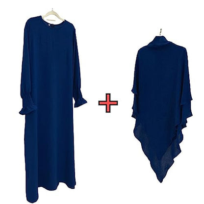 Women Prayer Dress Muslim Ramadan Garment Abaya Dubai Islam Jilbeb 2 Piece Set Layered Khimar Scarf Hijab and Long Dress - color: Dark Blue, size: Large