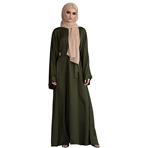Casual Maxi Dresses for Women Long Sleeve Spring Pleated Flowy A Line Prayer Dress Muslim Dresses with Belt - color: Green, size: X-Large