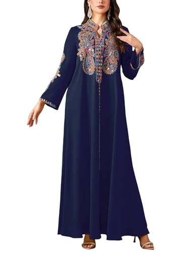 OBEEII Women Muslim Abayas Islamic Floral Embroidery Sequin Maxi Dress Ramadan Loose Morocco Dubai Robe Kaftan Prayer Dress - color: Navy Blue, size: Large