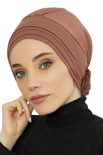 Aisha's Design Instant Turban Head Wraps for Women, Combed Cotton Scarf Lightweight Pre tied Hijab with Back Rose Detail - color: Caramel Brown