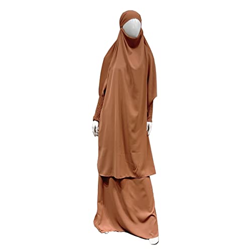 Women Muslim 2 Set Solid Color Plus Long Sleeve Thobe One-size Longuette Overall Abaya Thobe with Hoodied Hijab - color: Brown