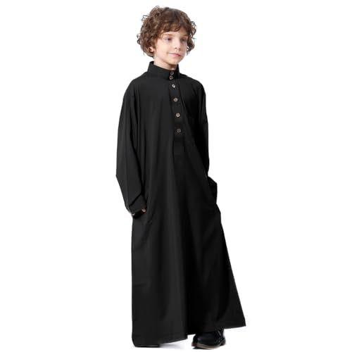 IDOPIP Muslim Thobe for Boys Kids Long Sleeve Islamic Arabic Kaftan Robe Middle East Dubai Prayer Dress Clothes with Pockets - color: Black, size: 5-6 Years