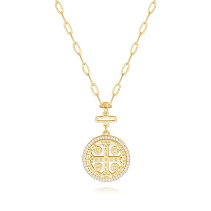 POTESSA 18K Gold Plated Pendant Necklace Medallion Coin Heart Y Shaped Chain Toggle Necklace for Women Jewelry - color: CZ Cross
