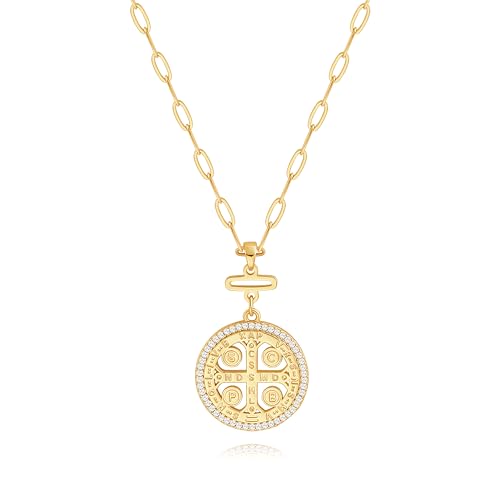 POTESSA 18K Gold Plated Pendant Necklace Medallion Coin Heart Y Shaped Chain Toggle Necklace for Women Jewelry - color: CZ Cross