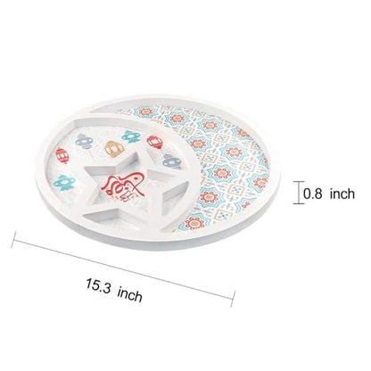Ramadan Decorative Serving Tray, 11.8 inch Round Dessert Platter, Islamic Festival Moon Star Design, White