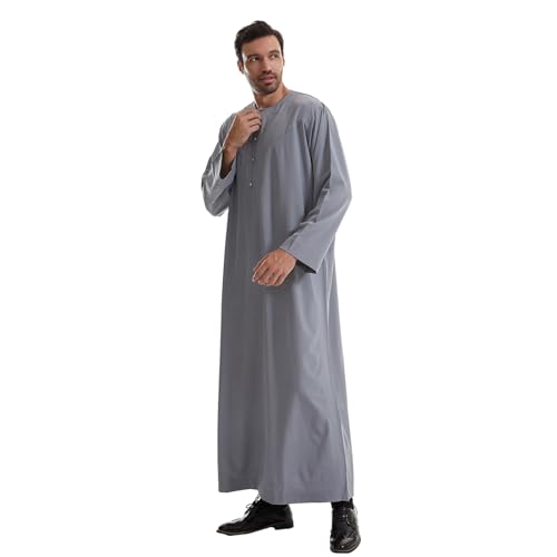 IWEMEK Men Muslim Thobe Long Sleeve Kaftan Robe with Pockets Saudi Arabic Thobe Ramadan Middle East Dubai Islamic Abaya Dress - color: Grey, size: Medium