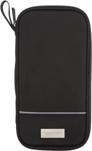 Amazon Basics RFID-blocking Passport Wallet, Passport Holder for Travel, Polyester/Nylon Material with Durable Zipper Closure, Zippered Pockets, Slots for Cards, 10"x5", Black, Solid