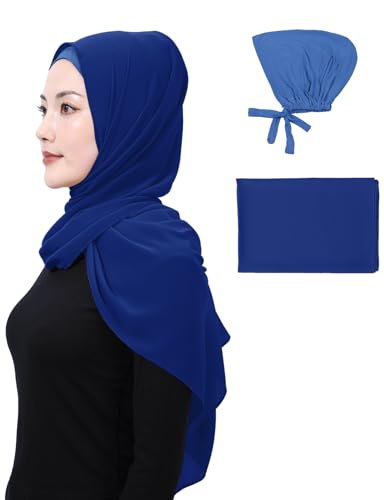 Matched Hijab and Undercap Set, Chiffon Muslim Head Scarf for Women, A Perfectly Decent Combination - color: Royalblue