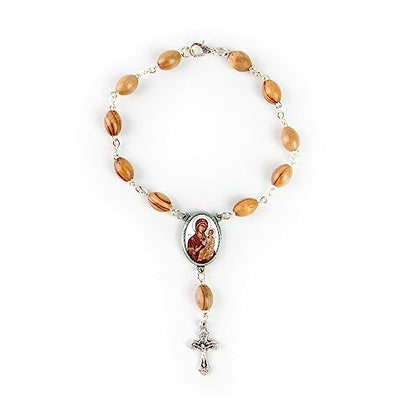 Olive Wood Car Rosary for Rearview Mirror from The Holy Land of Bethlehem - Auto Rosary with Virgin Mary of Jerusalem Byzantine Medal & Crucifix Cross Charm - 7" Pocket Rosary Beads for Hanging - color: Virgin Mary of Jerusalem Byzantine