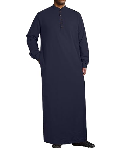 YAOHUOLE Muslim Thobe for Men Button down Mens Caftans Big and Tall Mens Arab Thobe with Pocket - color: Dark Blue, size: Large