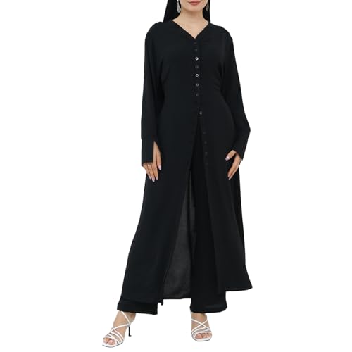 Women's Muslim 2 Pieces Sets Long Sleeve Button Down Shirt and Pants Eid Ramadan Abaya Casual Dress Dubai Outfits - color: Black, size: Medium-Large