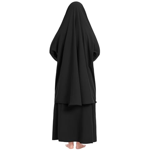 Kids Girls Muslim Islamic Two-piece Outfits Lace Long Sleeve Hijab Dress Abaya and Loose Skirt Full Cover Kaftan - color: Black, size: 7-8 Years