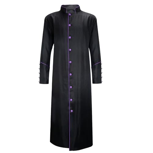 MYAYD Men's Cassock Robe Church Long Robe Choir Minister Clergy Pulpit Liturgical Multicolored Uniform - color: Black + Purple Lines, size: Small