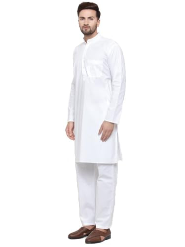 Maple Clothing Men's Kurta Pajama White Cotton Indian Clothes - size: Large