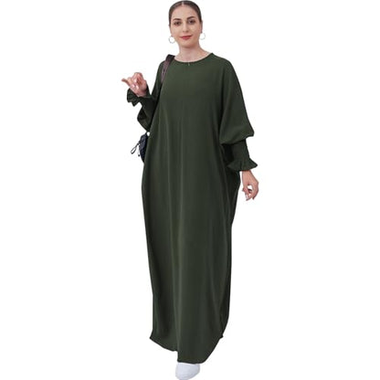 Lenmipot Islamic Women Jilbab Abayas Muslim Abaya Dress for Women Middle East Kaftan Dubai Dress Eid Prayer Clothes - color: Army Green
