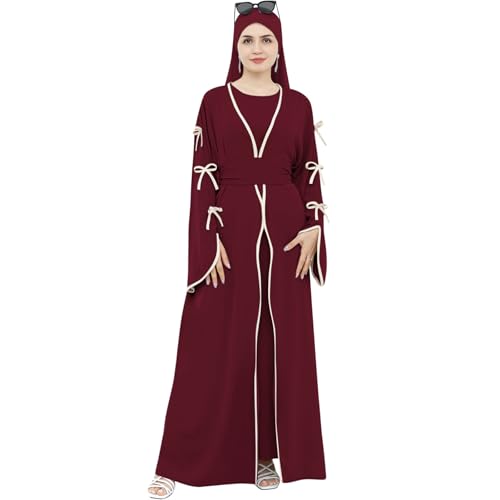 Abaya Dress for Women Muslim Bowknot Sleeves Islamic Prayer Casual Clothes Smooth Flowing Cardigan Dress - color: Wine Red, size: X-Large, style: Cardigan Dress Set