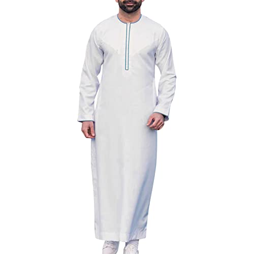 Alalaso Mens Kaftan Thobe Islamic Saudi Arabic Middle East Robes Solid Color Lightweight Long Sleeve Clothing Ramadan Jubbah - color: 1-white, size: Large