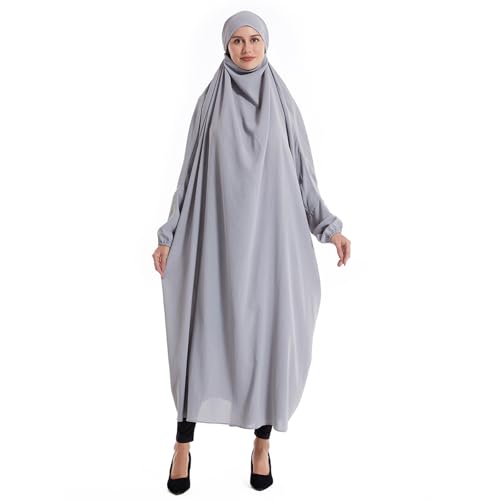 Lmdudan Muslim Women Islamic Full Cover Prayer Dress Long Sleeve Loose Abaya Hijab Outfit 2026 Ramadan Modest Prayer Clothes - color: Gray, size: Large