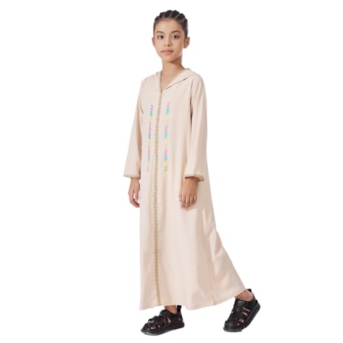 Kids Girls Abaya Muslim Long Sleeve Hooded Lace Embroidered Prayer Dress Arabic Kaftan Dubai Islamic Dresses - color: Beige Hoodies, size: 3-4T