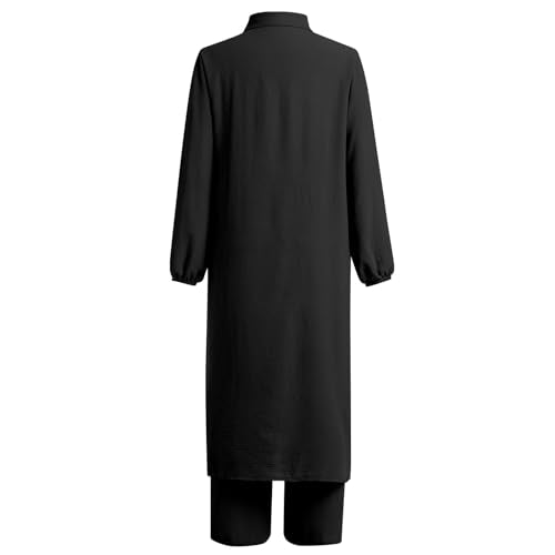 IDOPIP Abaya Dress for Women Muslim Set Long Sleeve Chiffon Islamic Dress Shirt with Pants 2PCS Dubai Prayer Casual Clothes - color: Black, size: Medium