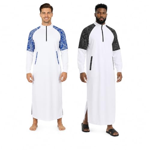 Men's Zipper Neck Thobe Bundle (2 Pack) – Long Sleeve Kaftans with Side Pockets, Black & White + Blue & White, Size L