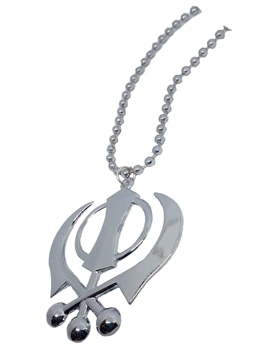 BEXCO Sikh Khanda Sahib Metal Car Hanging Rear View Mirror Show Piece - Complete with Chain (8 cm, Silver) - color: Silver, size: 8 cm