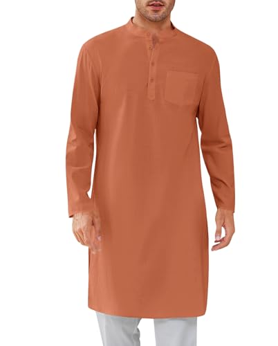 Gafeng Mens Kaftan Robe Button Down Long Sleeve Henley Cotton Thobe Casual Side Split Gown Shirt - color: Orange, size: Small