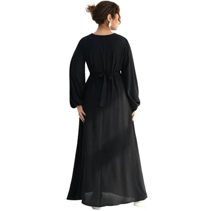 Muslim Women Abaya Dress Breathable Front Zipper&Pockets&Belt Prayer Robe - color: Black, size: Large