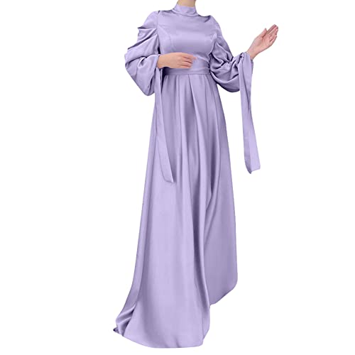 OBEEII Muslim Dress for Women Loose Full Cover Long Abaya Satin Dress Kaftan Abayas Islamic Robe S-XXL - color: Purple, size: Small