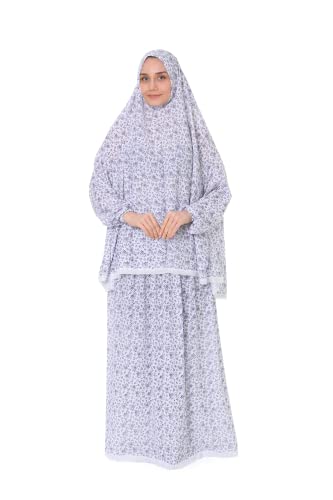 Islamic Dress for Women Prayer Clothes for Muslim Women 2 Piece Set Maxi Skirt with Hijab and Rosary Printed Dress - color: Purple