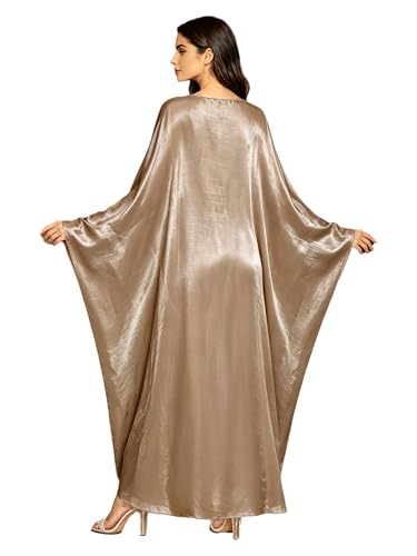 Shinsto Women Satin Prayer Dress Kaftan Robe Musulmane Femme Flashy Gown Luxury Party Wear Nightclub Outfit - color: Khaki, size: 1