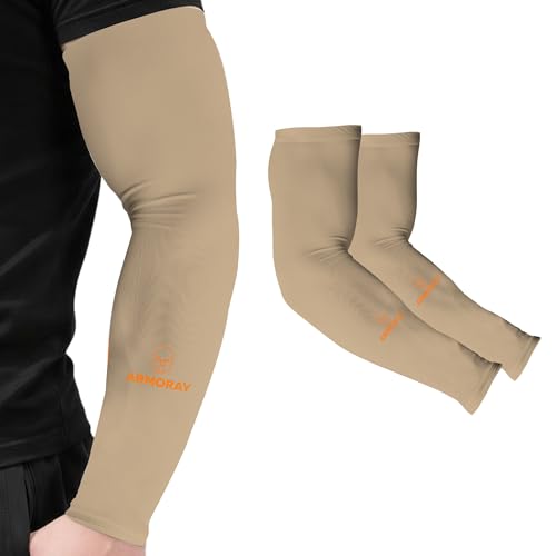 ARMORAY Arm Sleeves for Men & Women UPF 50 Sports Compression Cooling Sleeve for Basketball Golf Running Tattoo Coverage - color: Beige (1 Pair)