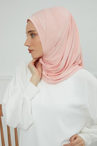 Aisha's Design Jersey Shawl for Women Instant 95% Cotton Modesty Turban Cap Hat Head Wrap Cotton Scarf - color: Powder