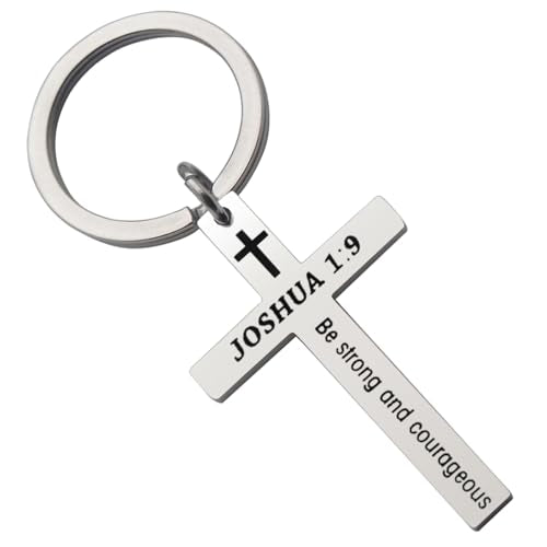 Bible Verse Cross Keychain Strength Bible Verse Stainless Steel Key Ring Christian Gift for Women Men - color: Joshus 1:9