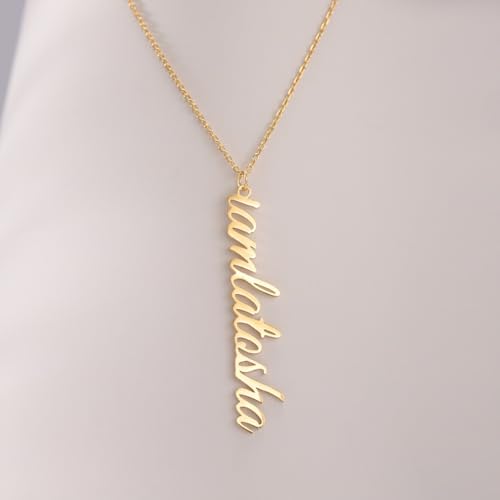 TinyName Custom Name Necklace Personalized 18K Gold Plated Nameplate Customized Jewelry Gift for Women - color: Vertical Name Necklace
