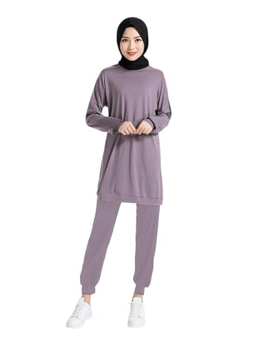 Womens Muslim Tracksuit Set Solid Crew Neck Sweatsuits with Pockets Plain Islamic Athletic Sportswear - color: Violet, size: XX-Large