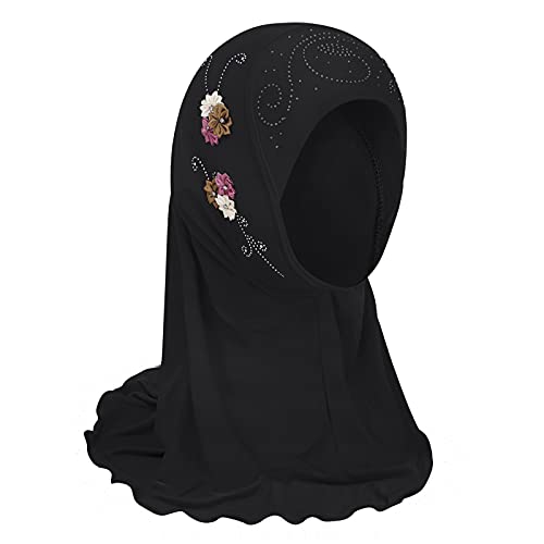 Girls Ice Silk Muslim Khimar Hijab Headscarf Flower Arab Scarf Shawls Neck Wrap Islamic Head Wrap for Age 2-7 Years - color: Style 3-black