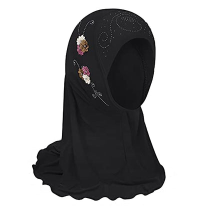 Girls Ice Silk Muslim Khimar Hijab Headscarf Flower Arab Scarf Shawls Neck Wrap Islamic Head Wrap for Age 2-7 Years - color: Style 3-black