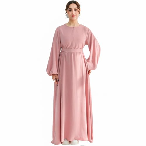 Muslim 여성용 Abaya 드레스 프론트 지퍼 기도 로브 부드럽고 가벼운 하늘거리는 맥시 드레스 포켓 및 벨트 포함 - color: 라이트 핑크, size: M