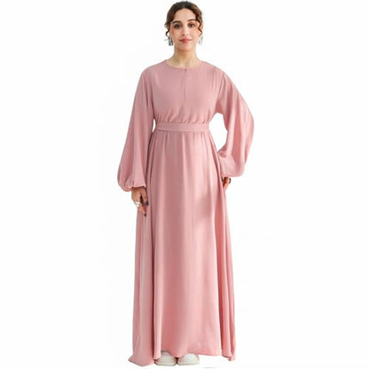 Muslim 여성용 Abaya 드레스 프론트 지퍼 기도 로브 부드럽고 가벼운 하늘거리는 맥시 드레스 포켓 및 벨트 포함 - color: 라이트 핑크, size: M