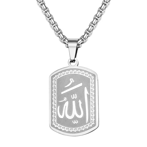 OIDEA Allah Necklace for Men: 18K Gold Plated Stainless Steel Dog Tag Pendant Necklace Islamic Muslim Jewelry Gifts - color: a-sliver