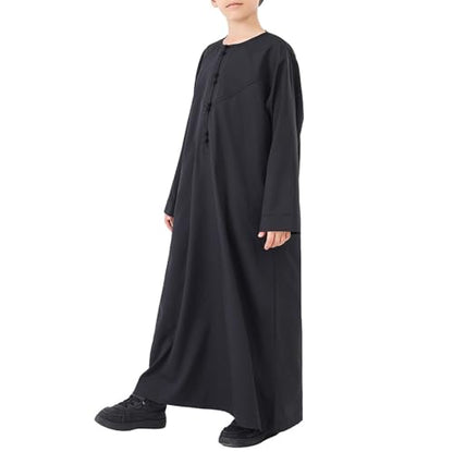 Boys Arabic Thobe Solid Long Sleeve Muslim Kaftan Robe Kids Boys Crew Collar Button Islamic Thobe Ramadan Eid Outfit - color: Black, size: 5-6X