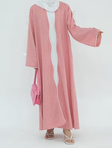 ODIZLI Women's Eid Abaya Dresses Long Sleeve Open Front Pearl Bowknot Prayer Dress Ramadan Cardigan Dubai Kaftan - color: Pink, size: Medium