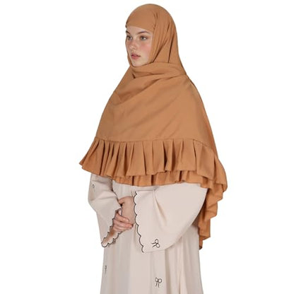 Prayer Hijab for Women Muslim Cotton Blend Lightweight Ruffled Square Scarf - color: Camel
