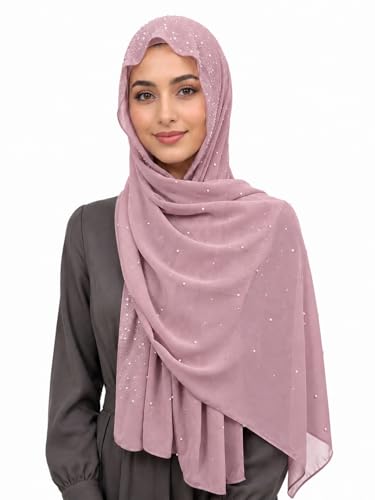 Chiffon Hijab Scarf for Women, Rhinestone Pearl Muslim Head Scarf, Lightweight Shawl Wrap - color: Light Purple