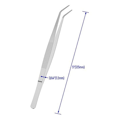 2 PCS 5" Stainless Steel Tweezers, Curved Pointed, 3/64" Thick | Serrated Tip, Perfectly Aligned, Multipurpose Daily Garden Home Lab Craft Repairing Tool